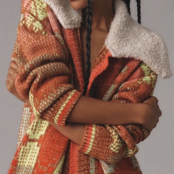 Anthropologie Cozy Multicolor Knit Cardigan with Faux Fur Collar‎ Size Medium - Picture 4 of 8